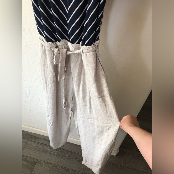 Monteau|Linen blend belted wide leg jumpsuit in Ivory & Stripes•Nautical Beachy - Picture 5 of 16